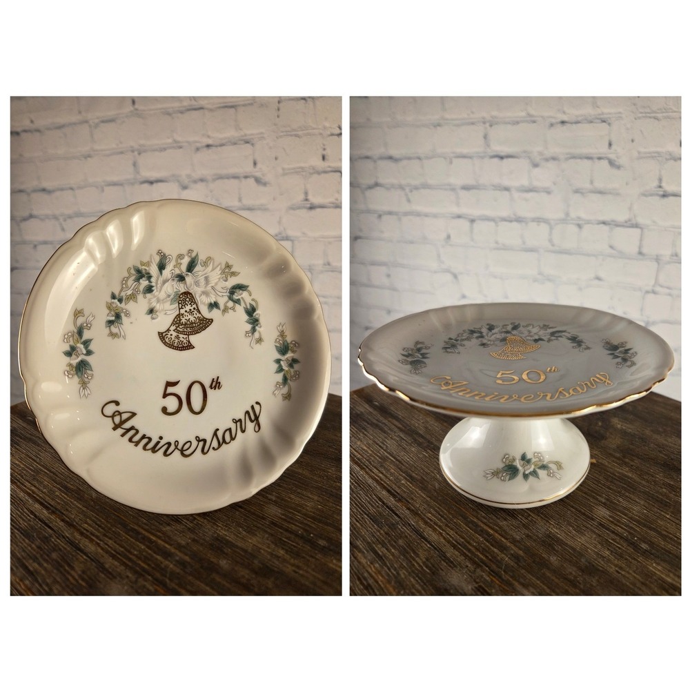 Vintage Lefton China 50th Anniversary Plate Pedestal Japan